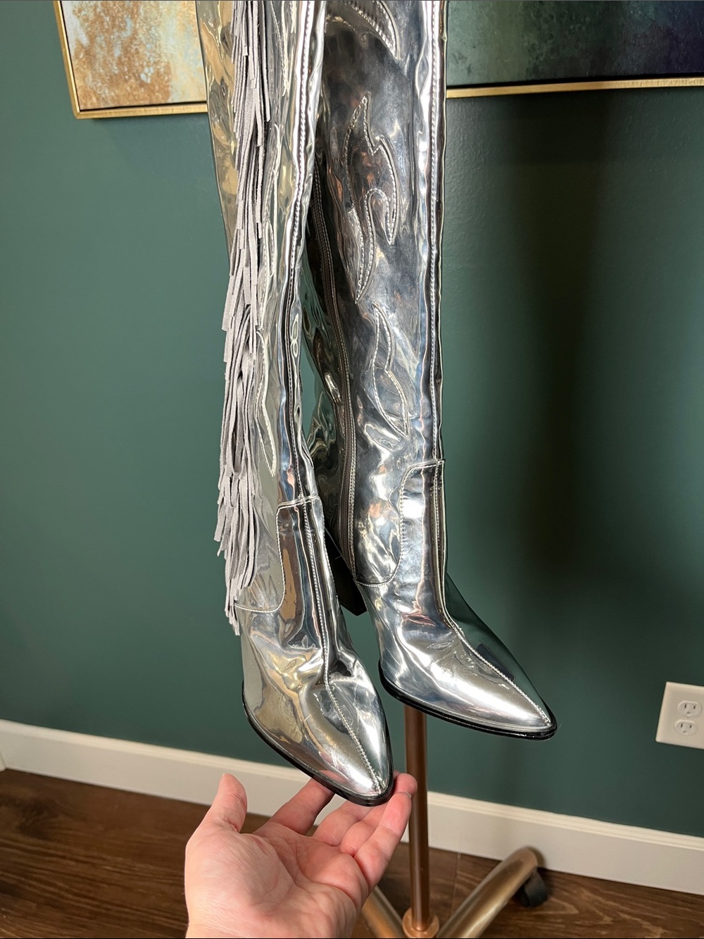 Silver Metallic Over-the-Knee Block Heel Cowgirl Boots - Picture 5 of 9